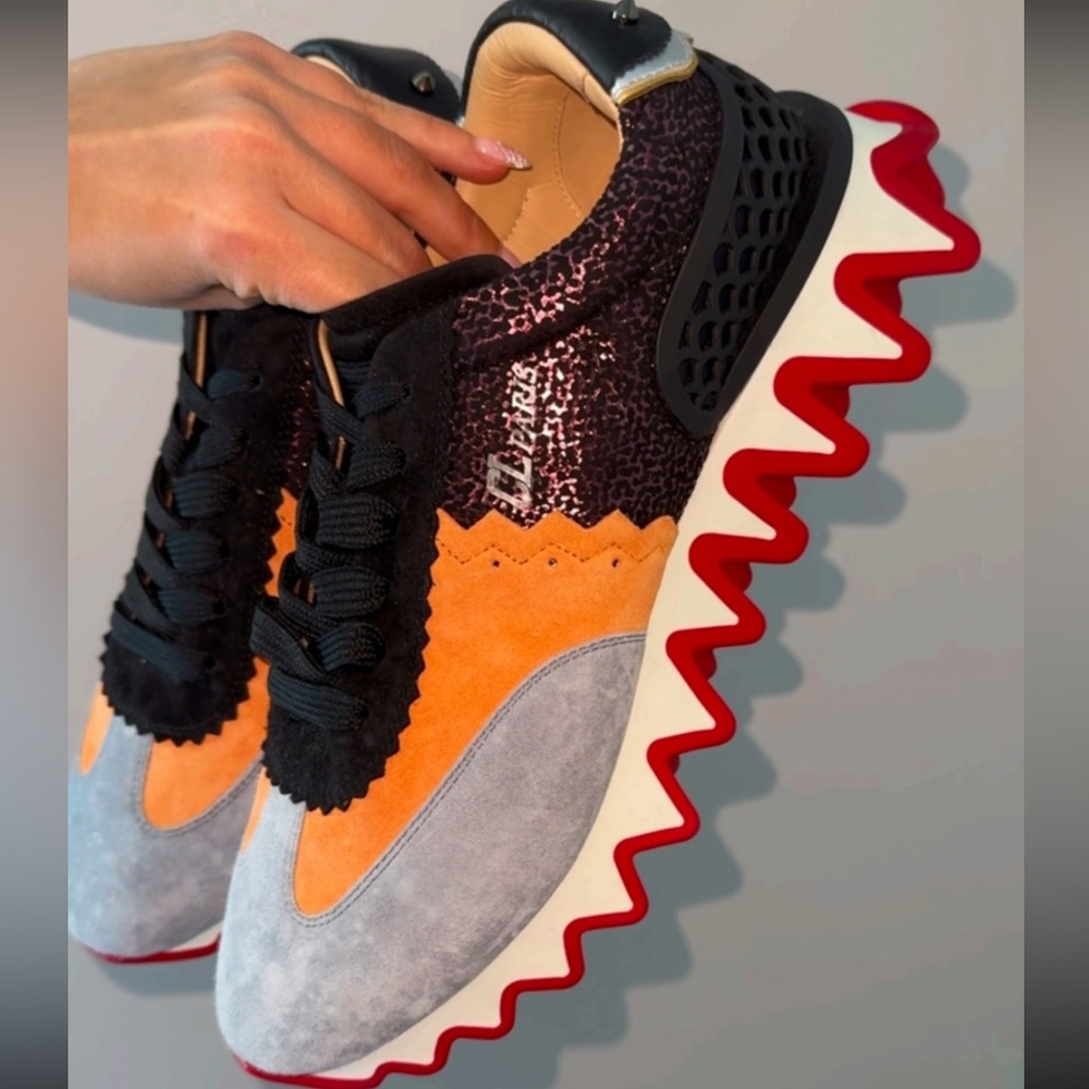 Christian Louboutin gray, orange & metallic dark purple shark platform sneakers